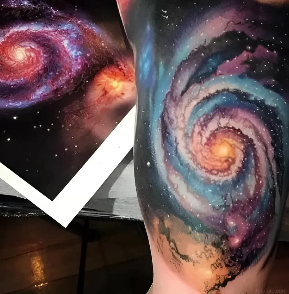Tattoo of a spiral galaxy symbolizing power and transformation