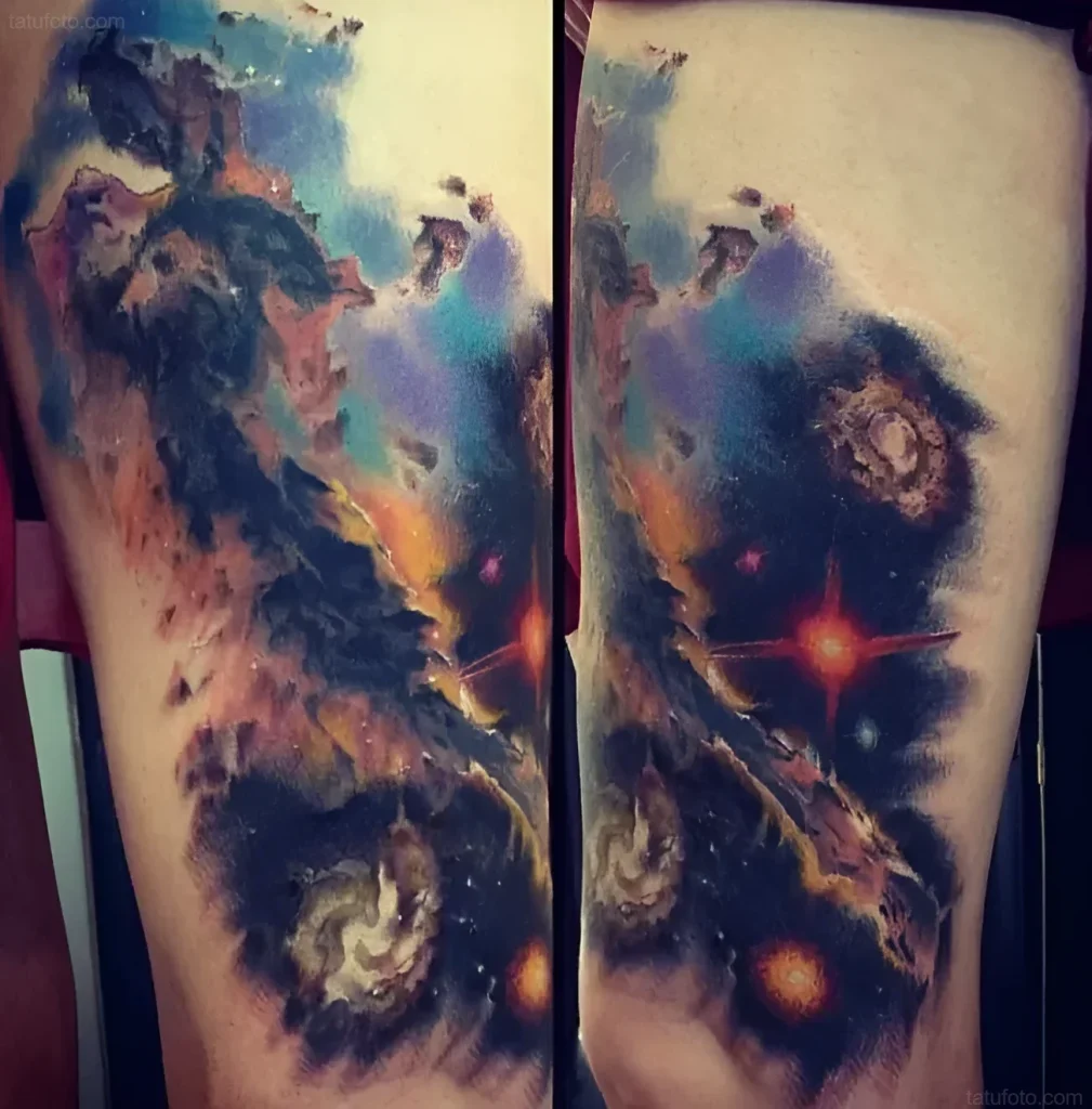 Supernova Tattoo: Stunning cosmic landscape with bright nebulae and exploding stars