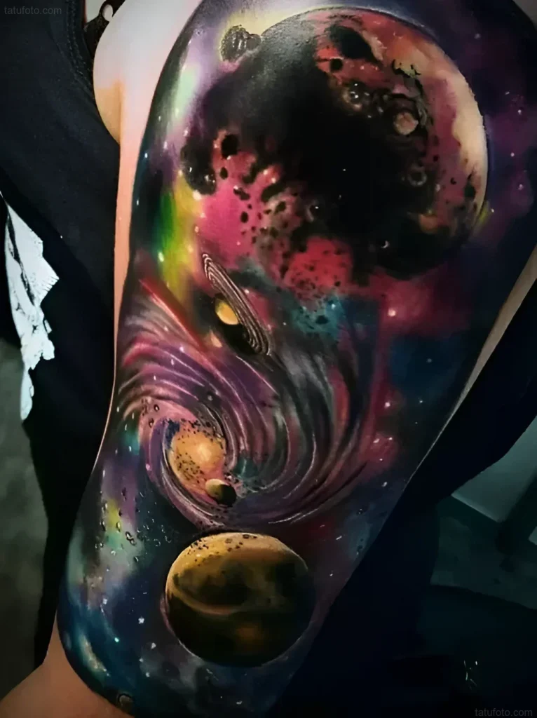 Supernova Tattoo: Stunning cosmic landscape with planets and a galactic vortex
