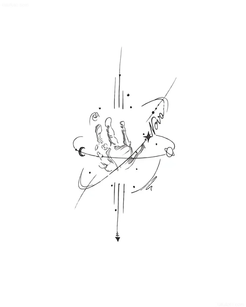 Tattoo-Entwurf: Eine Hand hält eine Supernova-Explosion, mit Planeten und Sternen, im minimalistischen Stil.