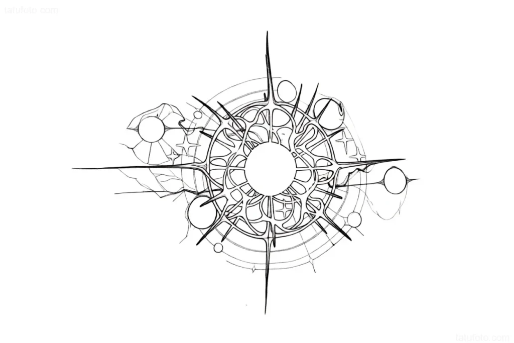 Graphic style tattoo sketch depicting a supernova explosion with elements of cosmic bodies and stars.