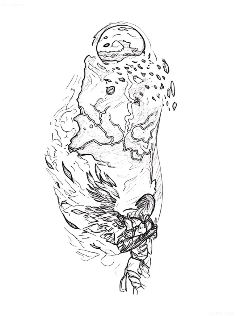 Tattoo sketch: a winged figure engulfed in a supernova explosion, with fragments of a collapsing planet.