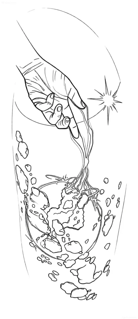 Tattoo sketch: a hand pouring a substance onto a collapsing cosmic object illuminated by a supernova flash