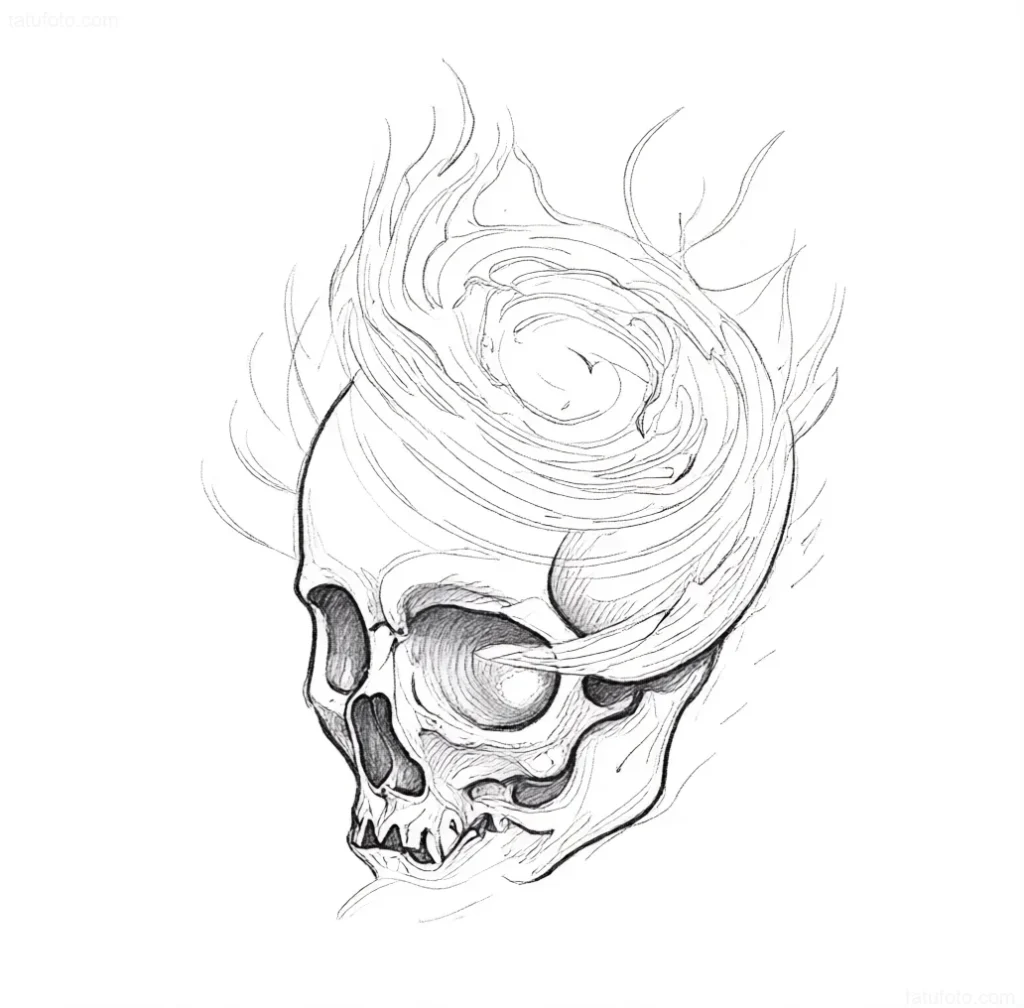 Graphic style skull tattoo sketch, engulfed in a vortex of energy resembling a Supernova cosmic explosion.