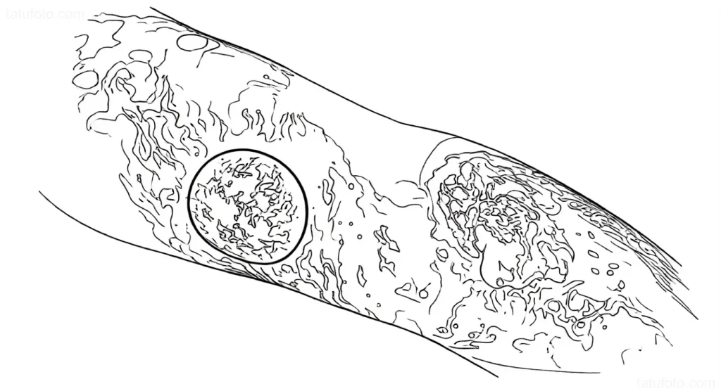Linework tattoo sketch depicting a cosmic supernova with scattering elements and a central explosion, located on the forearm.