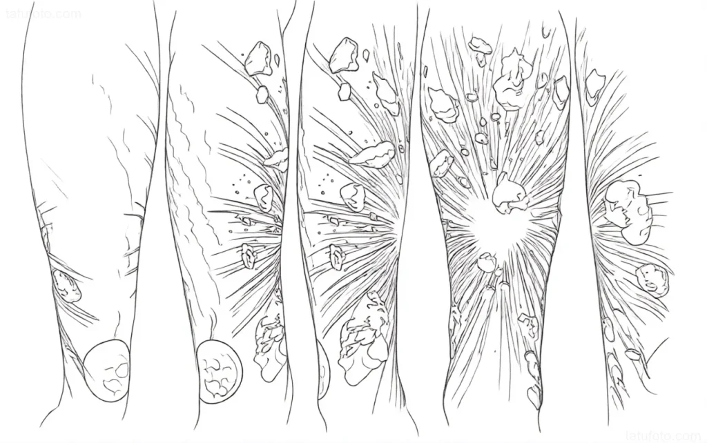Tattoo sketch: image of a supernova explosion with scattering fragments and light rays against the background of human legs.