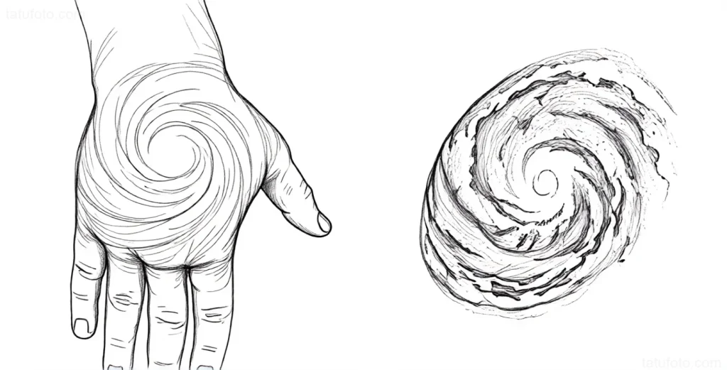 Supernova tattoo sketch, depicting a vortex in a hand and an abstract cosmic explosion
