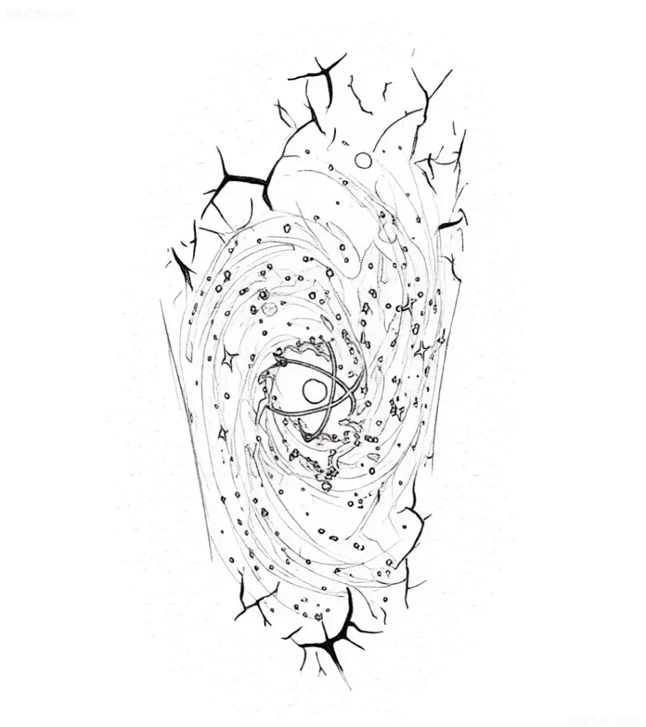 Tattoo sketch: Stylized atom in the center of a vortex, surrounded by stars and cracks, symbolizing a supernova explosion.