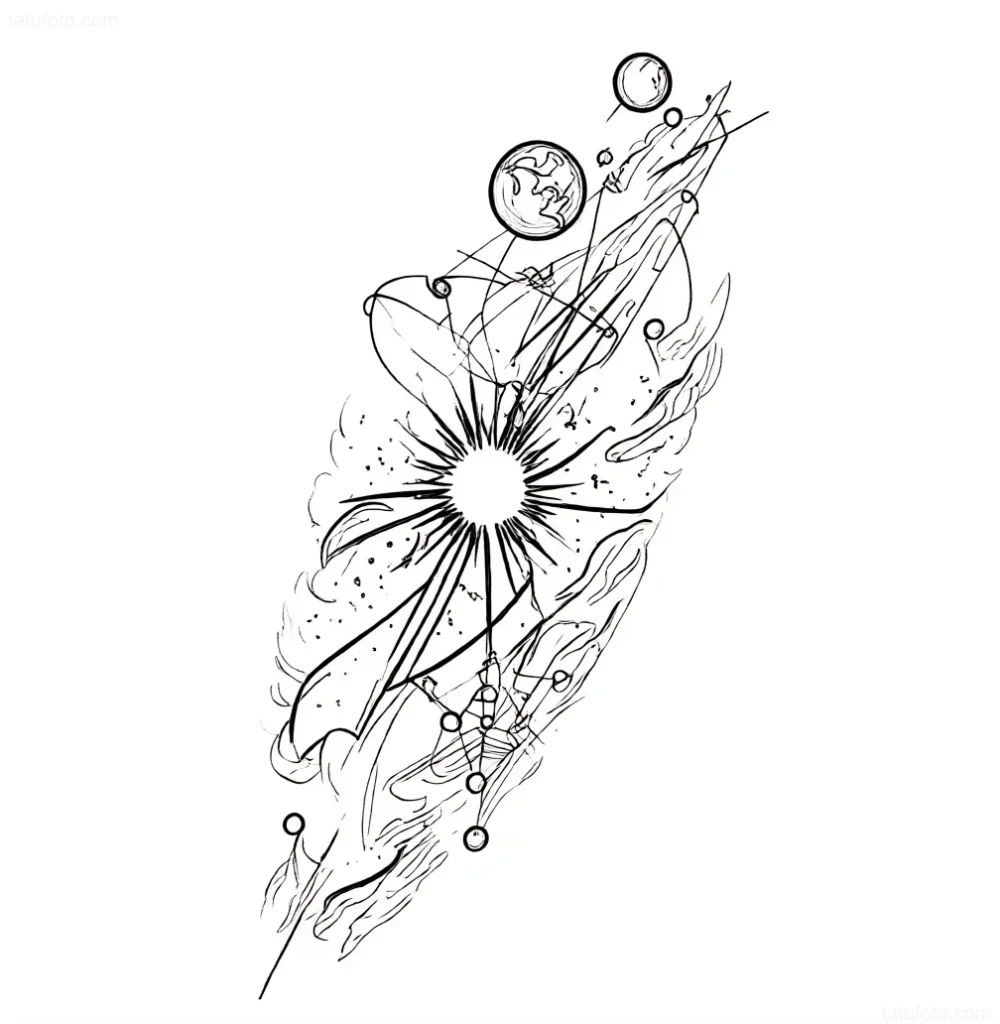 Graphic style tattoo sketch depicting a supernova explosion with planets and cosmic dust.