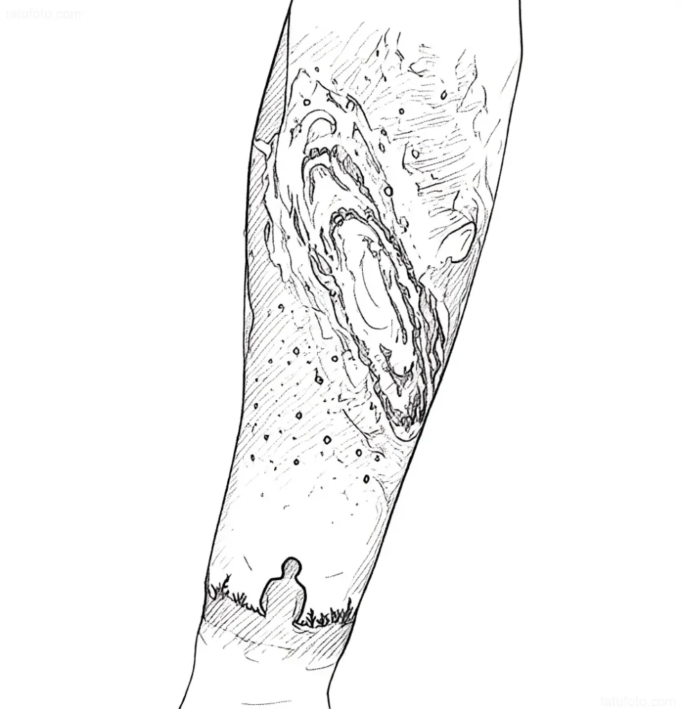 Tattoo sketch: silhouette of a person looking at the explosion of a supernova star in space