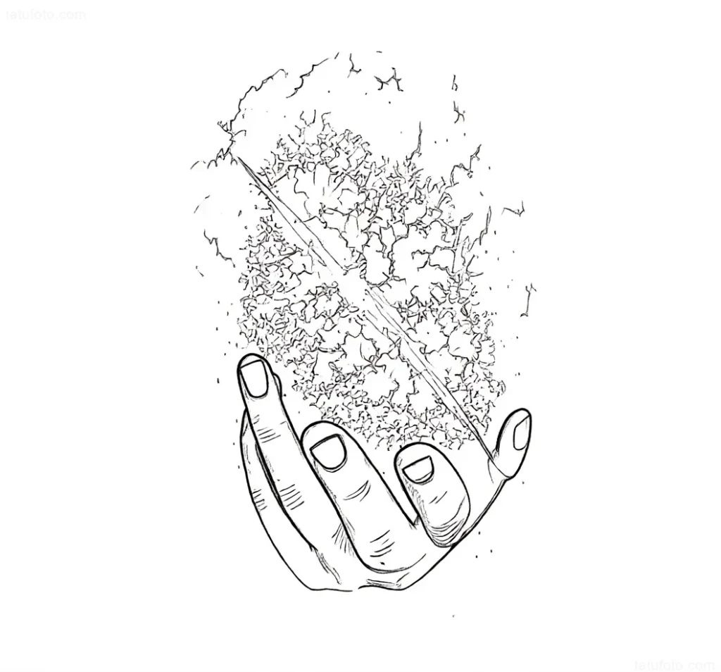 Tattoo sketch: a hand holding a supernova explosion, lines and splashes