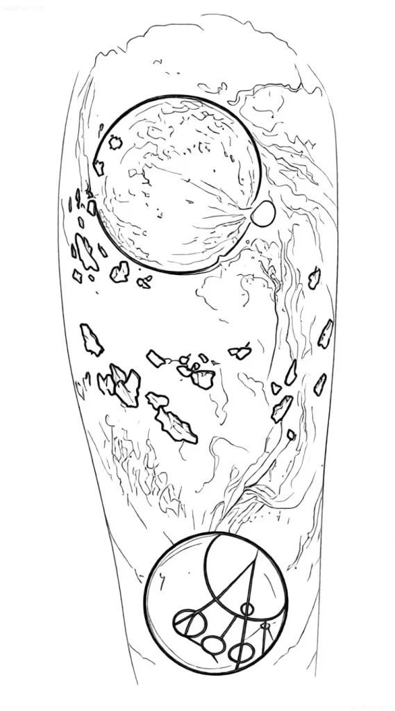 Tattoo sketch: image of a cosmic explosion (supernova) with a planet and a mysterious symbol in a circle.
