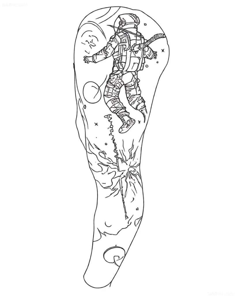 Tattoo sketch: Astronaut in zero gravity against the background of a supernova explosion and planetary bodies