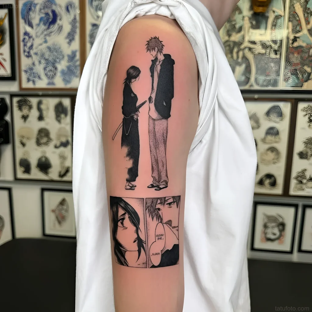 Manga-Tattoo mit Ichimaru Gin und Rukia Kuchiki aus dem Anime Bleach, das eine Abschiedsatmosphäre vermittelt.