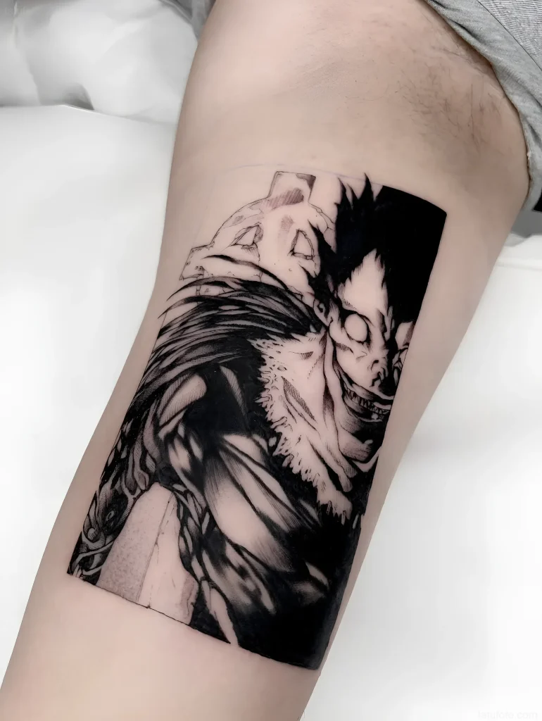 Tattoo mit Ryuk, dem Todesgott aus Death Note, im Manga-Stil.