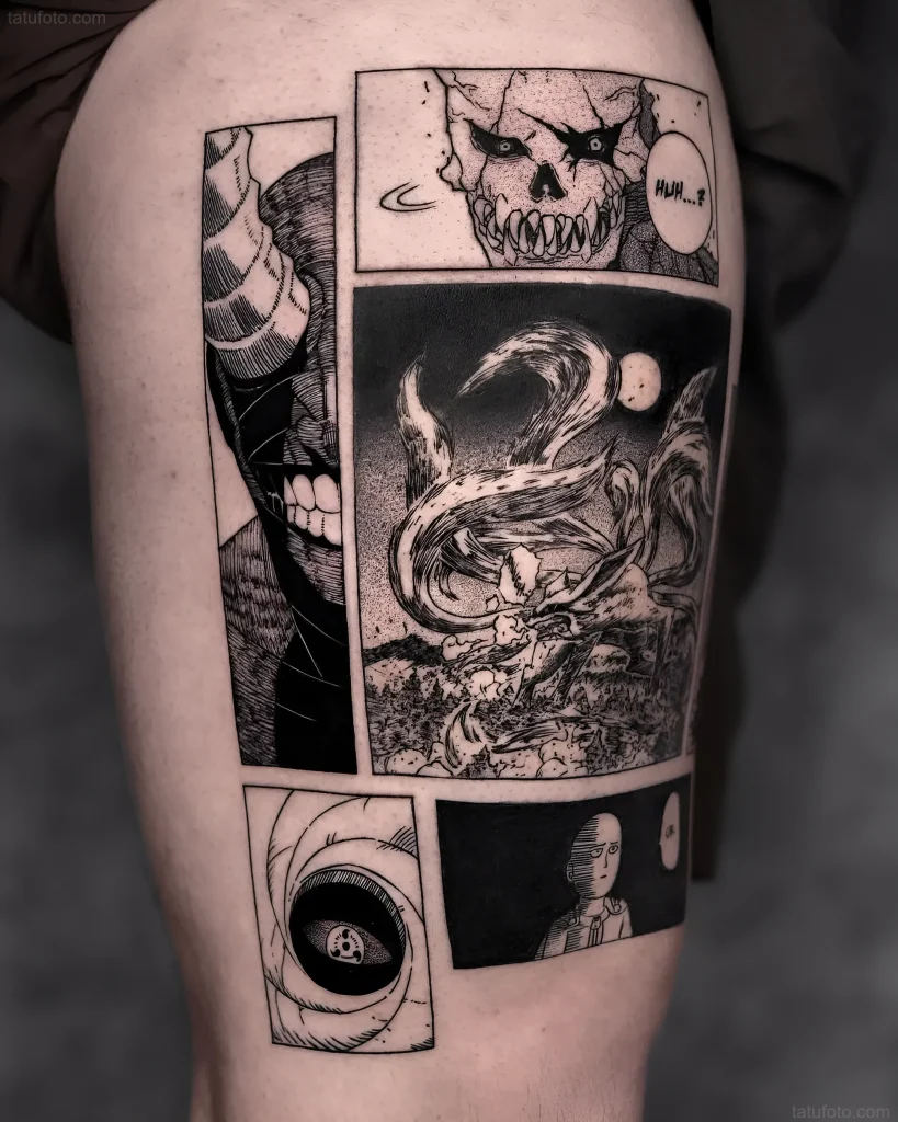 Manga-Tattoo mit einem Dämon, einem Schädel, einem Fuchsschwanz und Saitama