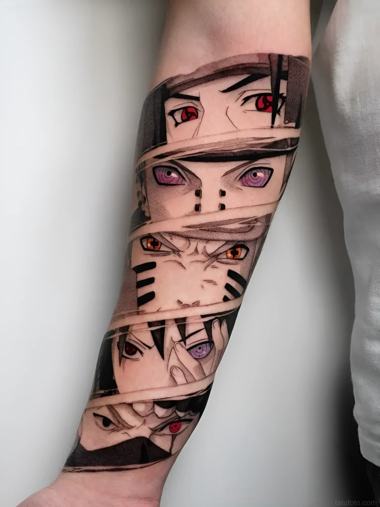Tätowierung am Unterarm, die Manga-Charakteraugen im grafischen Stil mit roten, violetten und orangen Akzenten darstellt.