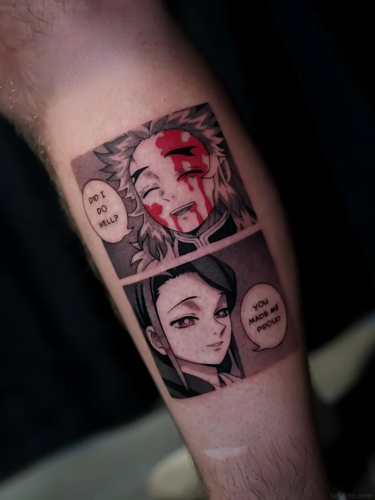 Manga-Tattoo mit zwei Charakteren, das starke Emotionen und Dialoge vermittelt.