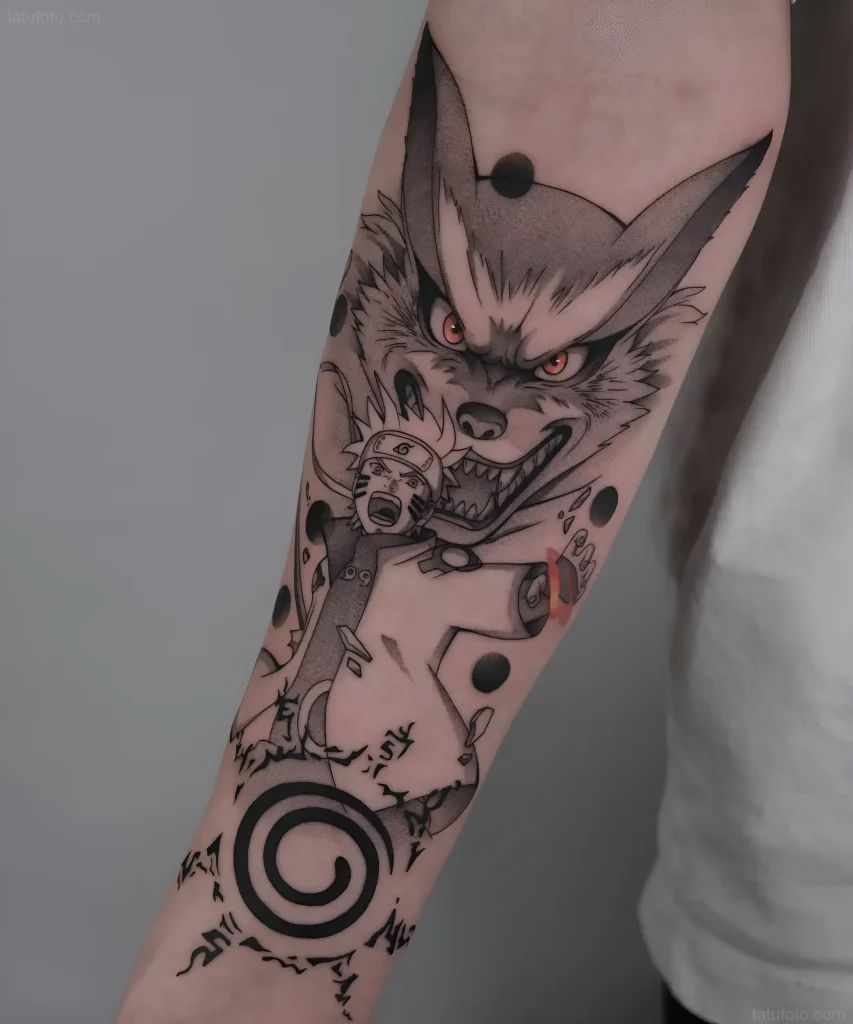 Detailliertes Manga-Tattoo, das Naruto Uzumaki in den Armen des Neunschwänzigen Fuchses (Kurama) zeigt, mit Symbolen der Stärke und Entschlossenheit am Unterarm.
