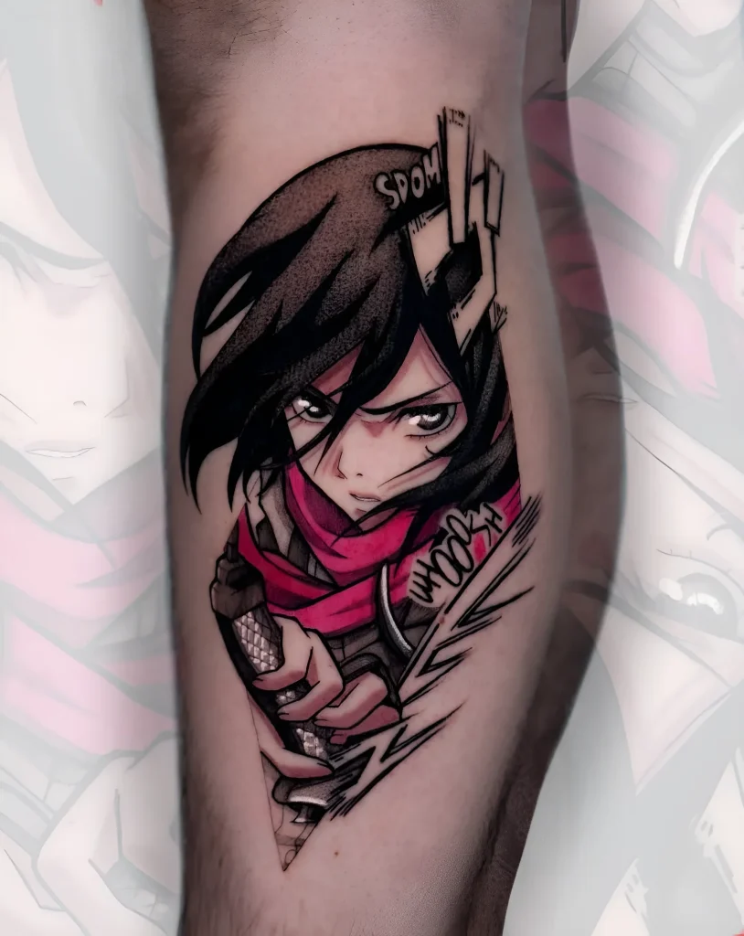 Manga-Tattoo von Mikasa Ackerman aus Attack on Titan, die eine Klinge hält, im Manga-Stil