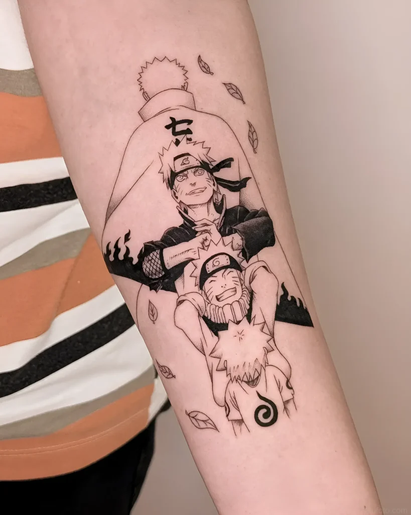 Manga-Tattoo, das zwei Versionen von Naruto Uzumaki zeigt: erwachsen und jung, am Unterarm.