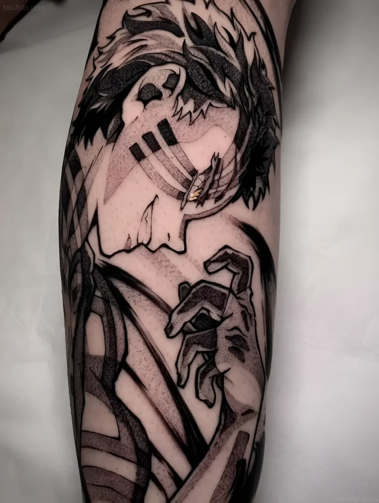 Manga-Tattoo, das einen Charakter mit durchdringendem Blick und dramatischer Komposition darstellt