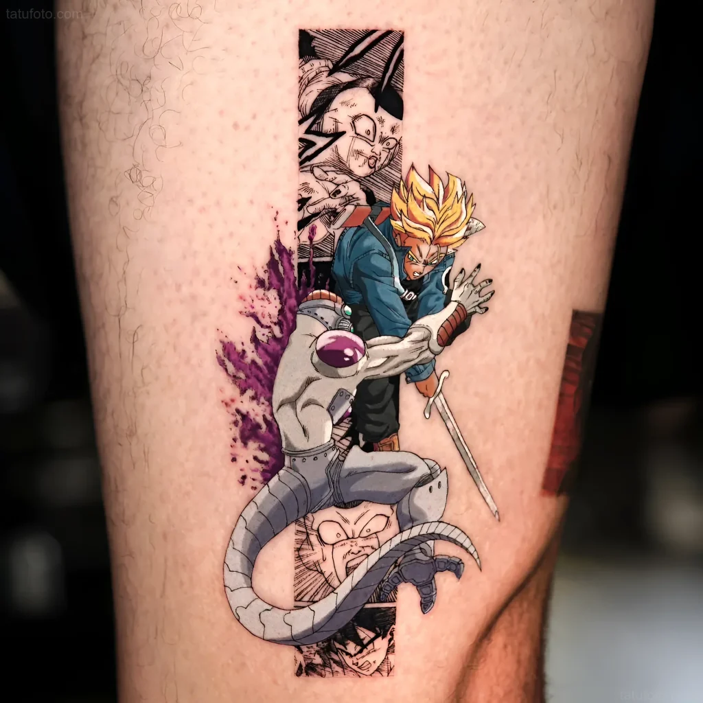Dynamisches Manga-Tattoo, das Trunks aus Dragon Ball Z im Kampf gegen Freezer darstellt, mit leuchtenden Elementen und Comic-Einschüben.