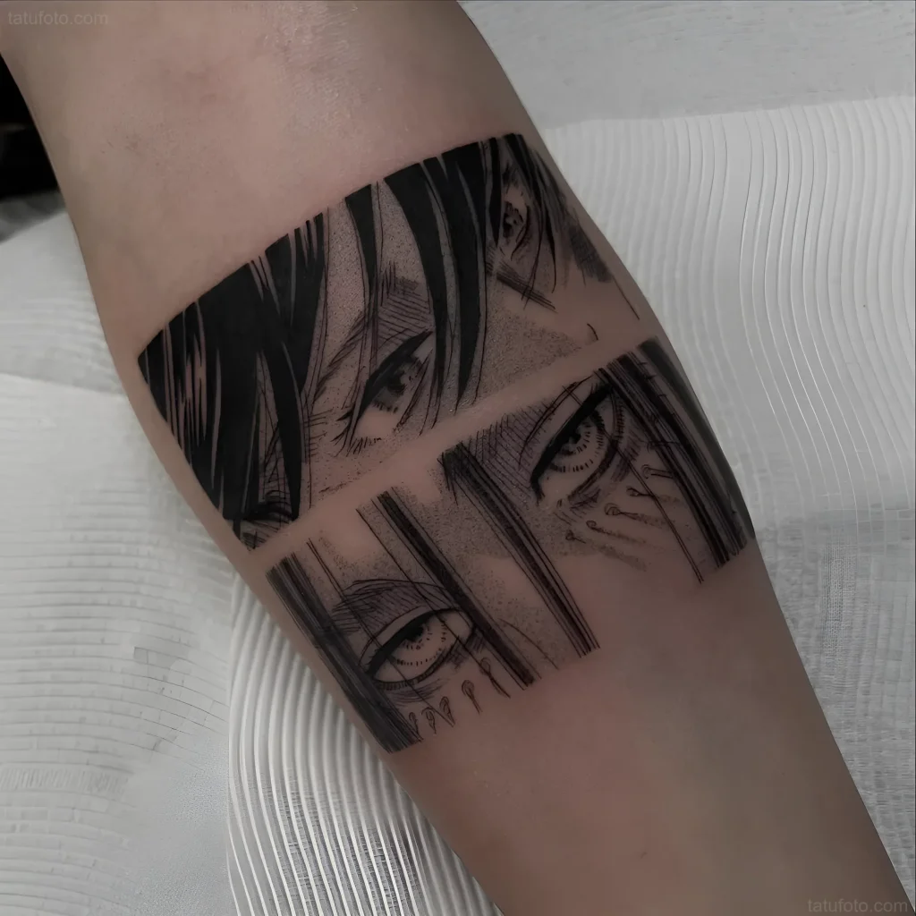 Detailliertes Manga-Tattoo, das das Auge eines Charakters mit ausdrucksstarken Zügen und detaillierter Linienführung zeigt, das die Stärke des Geistes symbolisiert.