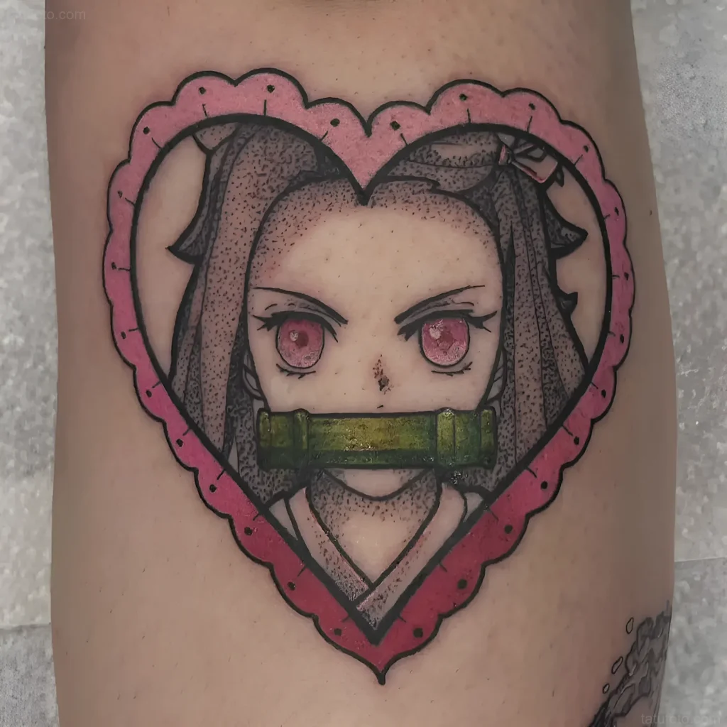 Tattoo von Nezuko Kamado im Manga-Stil, dargestellt in einem rosa Herzen mit Bambusmundstück