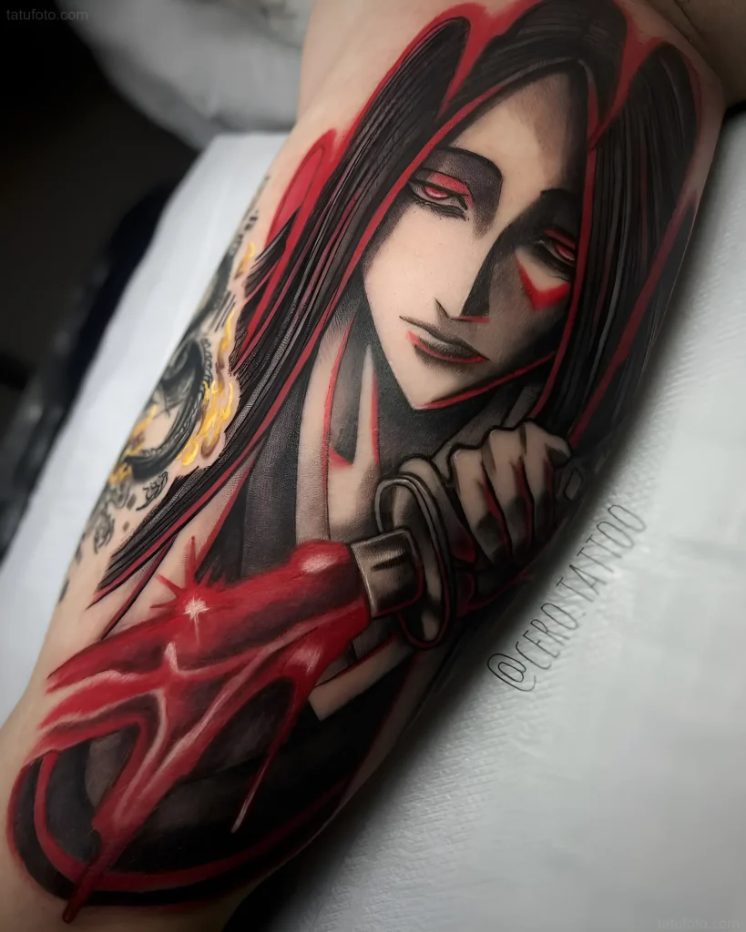 Manga-Tattoo: Porträt eines Mädchens mit Katana und Blutspritzern, das Stärke und Tragödie symbolisiert.