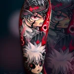 Татуировка с персонажем Астой из манги Black Clover в демонической форме, с красными глазами и рогами, на фоне огненных вспышек.