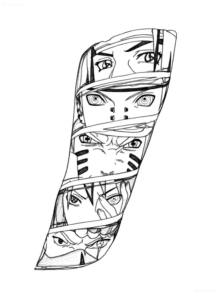 Tattoo-Entwurf: Komposition aus Manga-Charakteraugen, die Stärke und Geschichte symbolisieren.