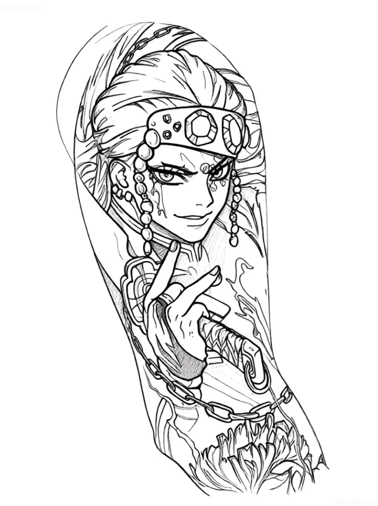Manga-Tattoo: Porträt einer Figur mit Kopfschmuck und Ketten
