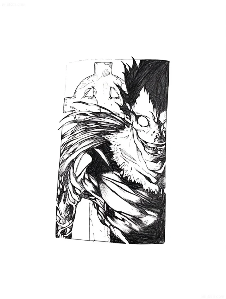 Tattoo-Entwurf eines Manga-Charakters mit charakteristischen Gesichtszügen und düsterer Atmosphäre
