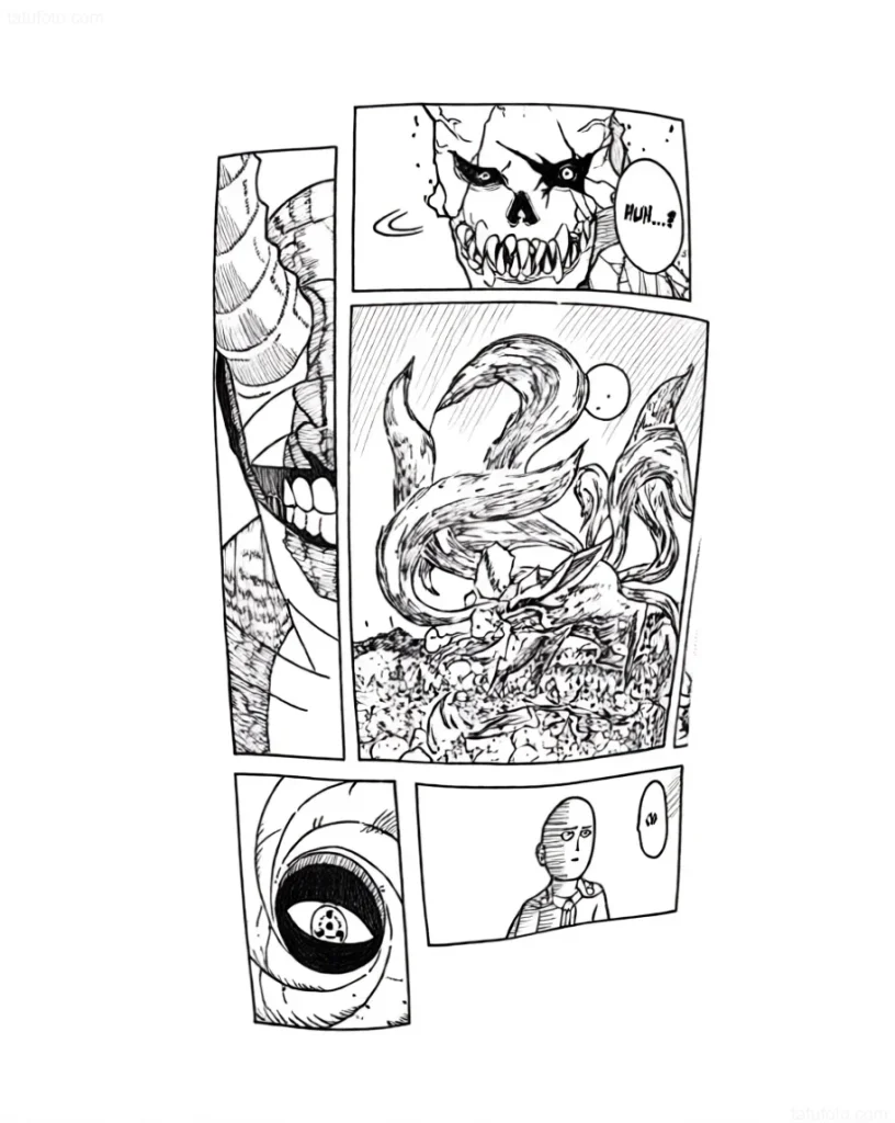 Tattoo-Entwurf im Manga-Stil mit einem dämonischen Wesen, einem neunschwänzigen Fuchs und einem Glatzkopf-Charakter