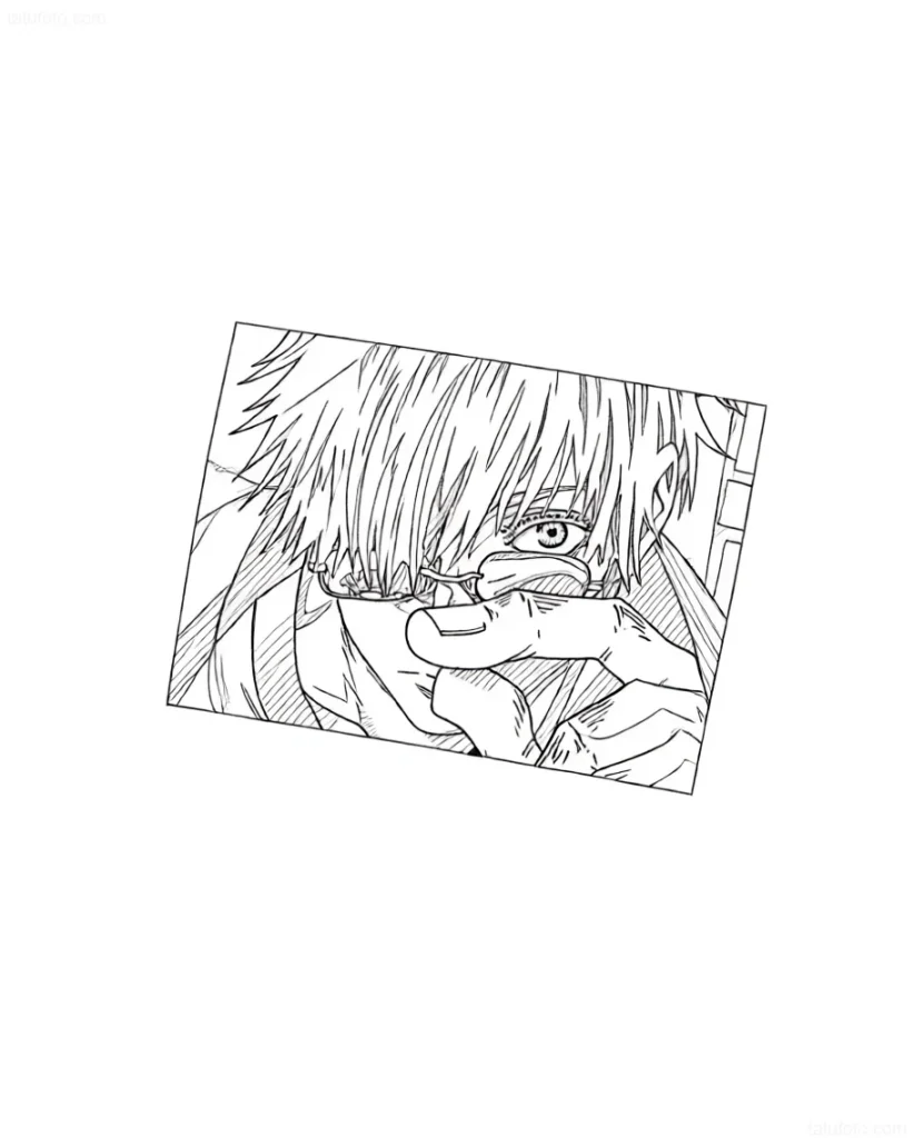 Manga-Tattoo: Nahaufnahme eines Gesichts mit durchdringendem Blick und einem Finger vor dem Mund, ausgeführt als Konturzeichnung.