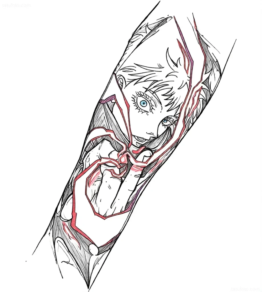 Manga-Tattoo-Entwurf, der das Gesicht eines Mädchens mit durchdringenden blauen Augen zeigt, umgeben von pulsierenden roten Energielinien, die in abstrakte Formen übergehen, am Unterarm.