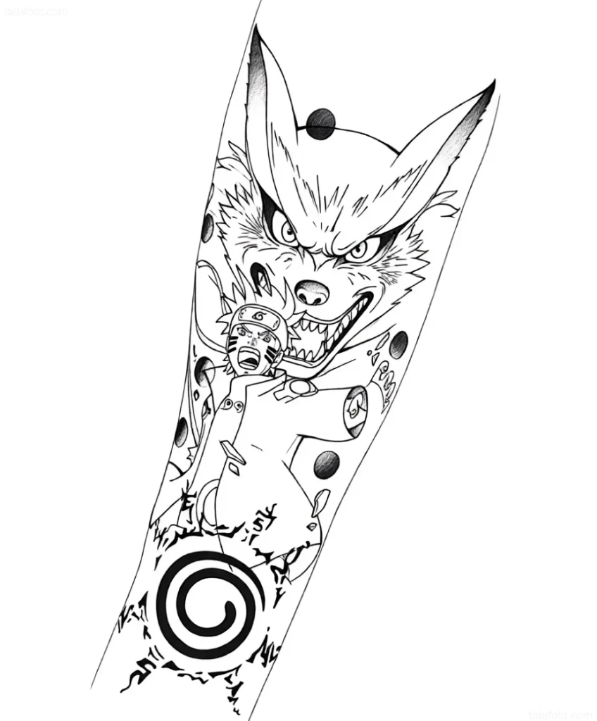 Manga-Tattoo: Naruto Uzumaki und der Neunschwänzige Fuchs Kurama