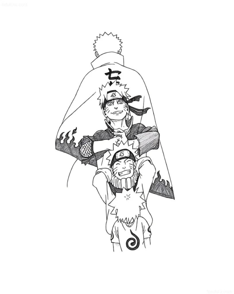 Tattoo-Entwurf: Naruto Uzumaki in verschiedenen Lebensphasen, der Wachstum und Entwicklung symbolisiert