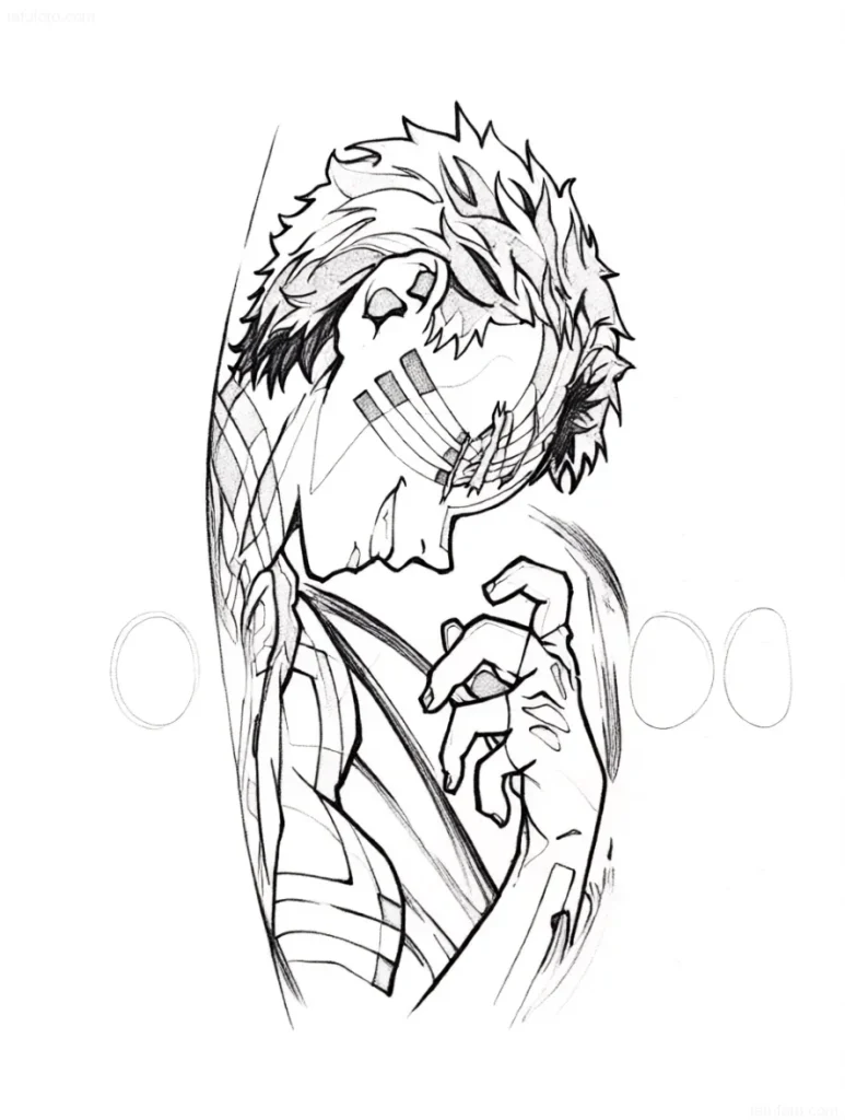 Tattoo-Entwurf: Detailliertes Porträt eines Manga-Charakters mit charakteristischer Frisur und Markierungen im Gesicht, Hände in nachdenklicher Pose.