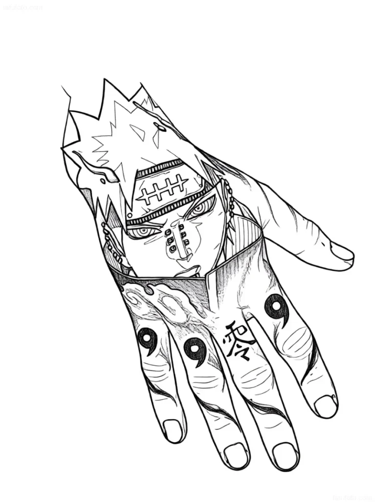 Tattoo von Pain aus dem Anime Naruto mit Symbolen auf den Fingern, im Manga-Stil