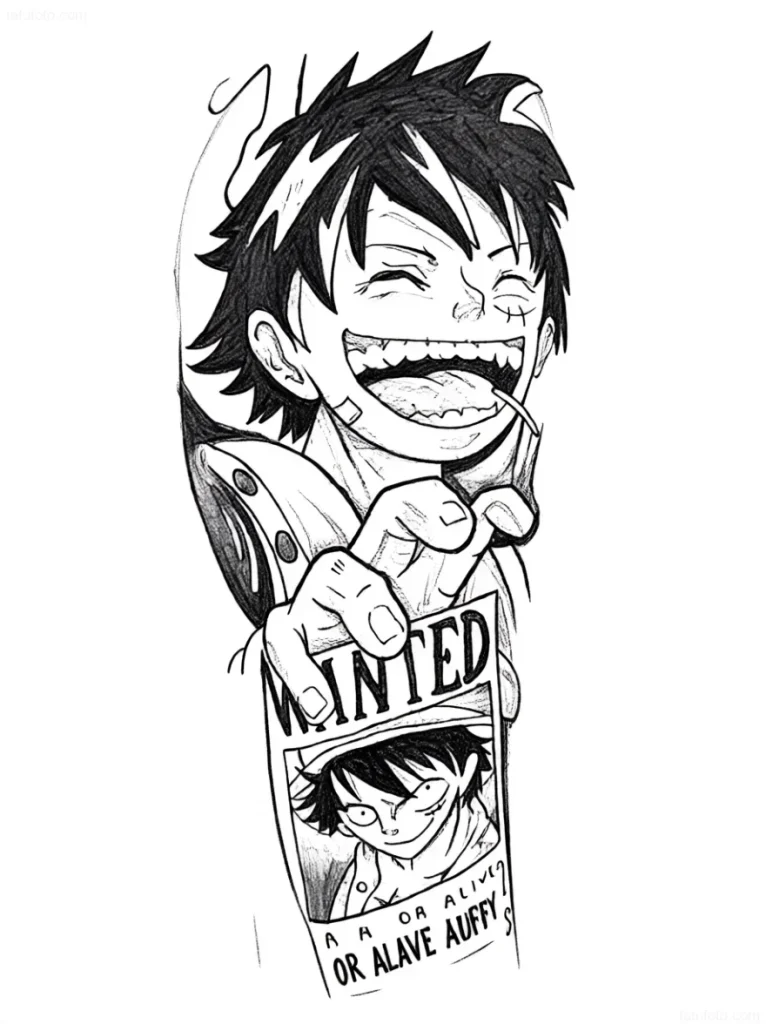 Manga-Tattoo-Entwurf: Porträt von Monkey D. Luffy mit breitem Grinsen, der ein „Wanted“-Plakat mit seinem Bild hält.