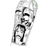 Татуировка в стиле манга, изображающая сцену из One Piece с плачущей Робин и кричащим Луффи