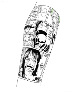 Татуировка в стиле манга, изображающая сцену из One Piece с плачущей Робин и кричащим Луффи