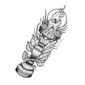 Эскиз татуировки в стиле нью-скул с изображением античного факела, охваченного пламенем, и листьев.