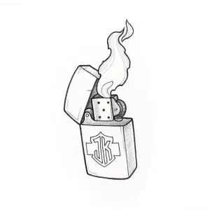 Эскиз татуировки зажигалки Zippo с языками пламени и монограммой JK