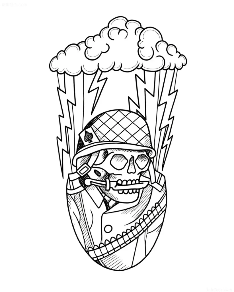 纹身草图:带有刀在嘴里的头盔,在雷雨云和闪电下,代表空降兵精神