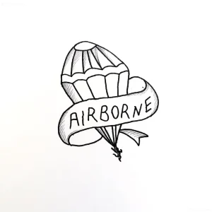 Эскиз татуировки парашюта с надписью AIRBORNE и силуэтом десантника