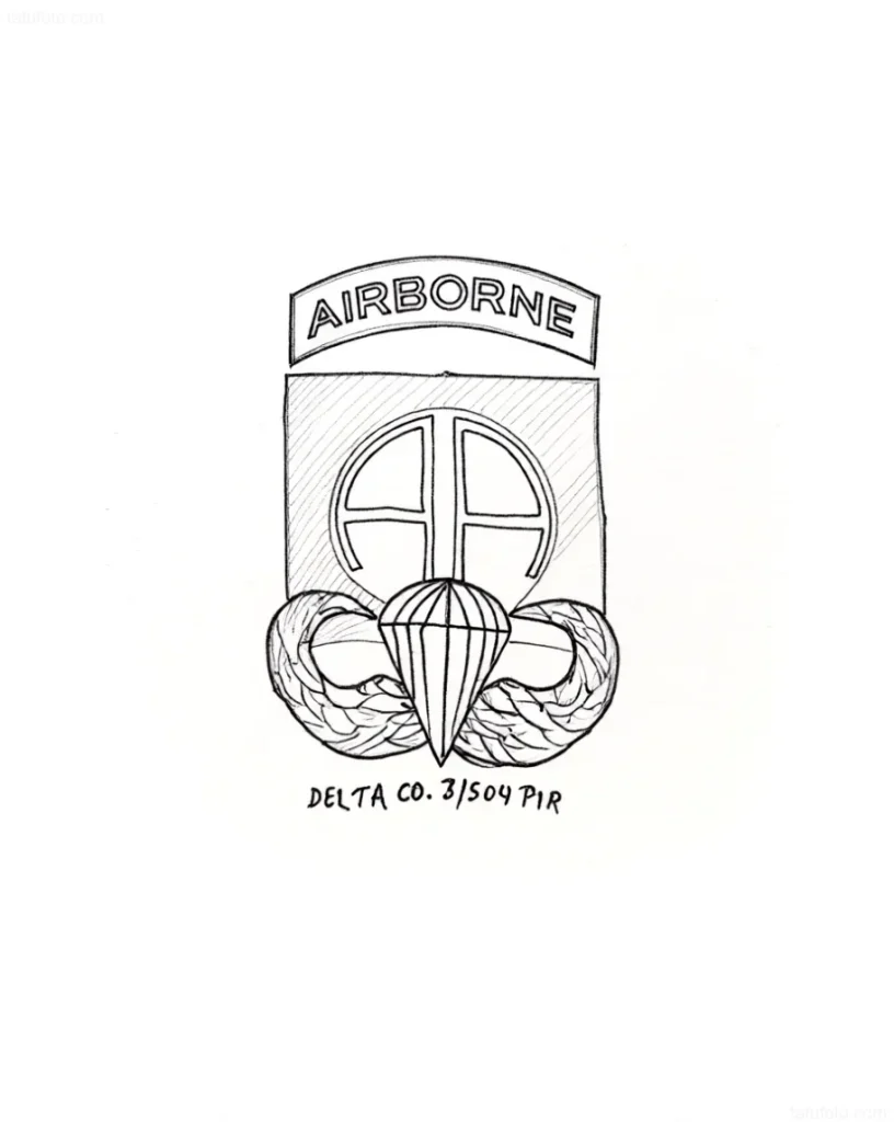 带有空降兵象征的纹身草图:降落伞、翅膀和'AIRBORNE'字样