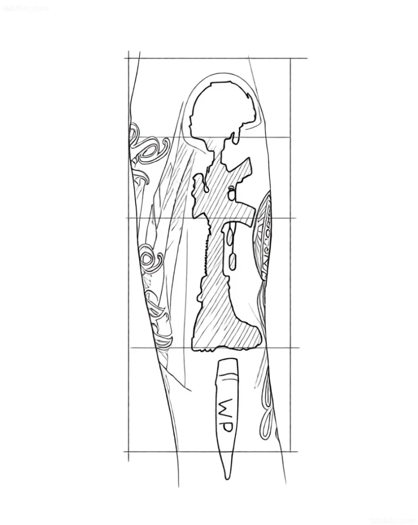 纹身草图:描绘戴着头盔的空降兵,带有降落伞和空降兵象征